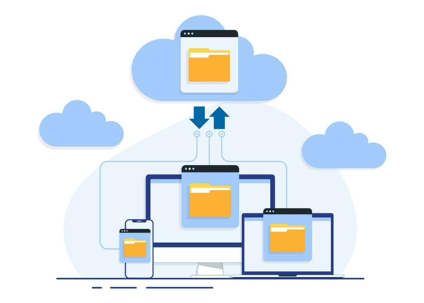 nube informática concepto con computadora monitor, computadora portátil, y teléfono inteligente dispositivos en el Procesando de subir y descargar información y datos, nube almacenamiento o Servicio datos transferir plano ilustración vector