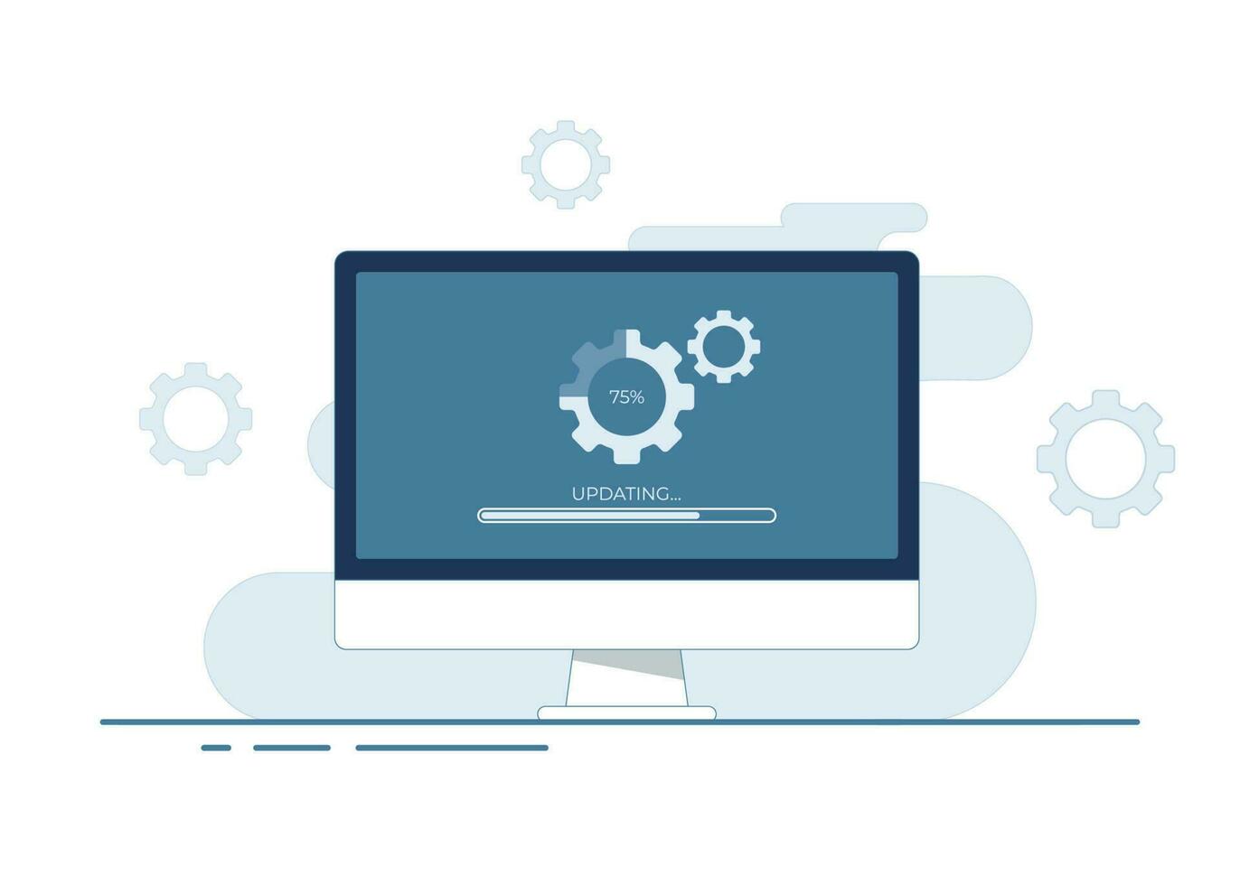 Desktop computer with update screen flat vector illustration, System