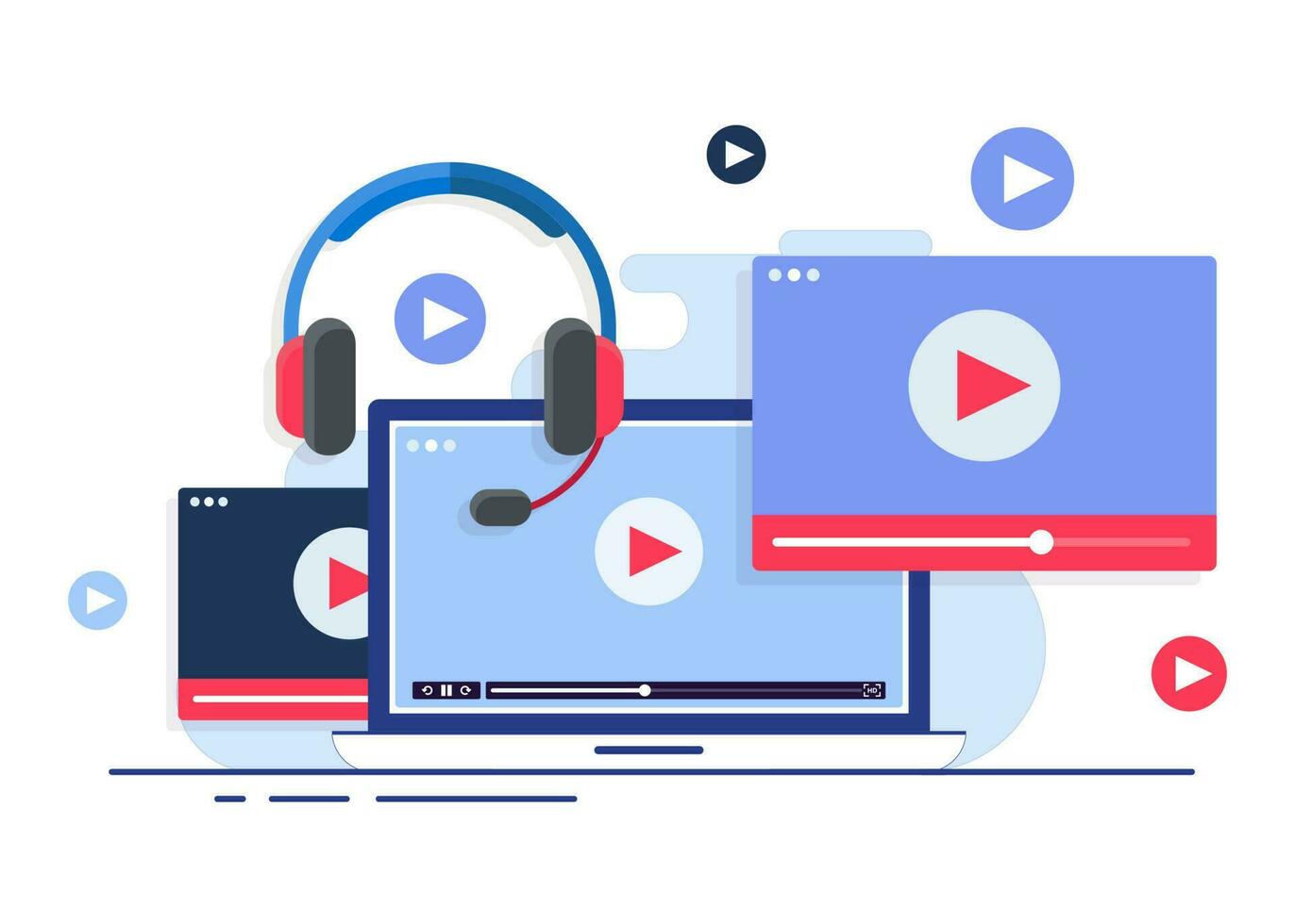 Video player on laptop computer screen with headphone flat illustration, Concept of online video, watch movies, educational materials, web courses, online education, e-learning, and video tutorial vector