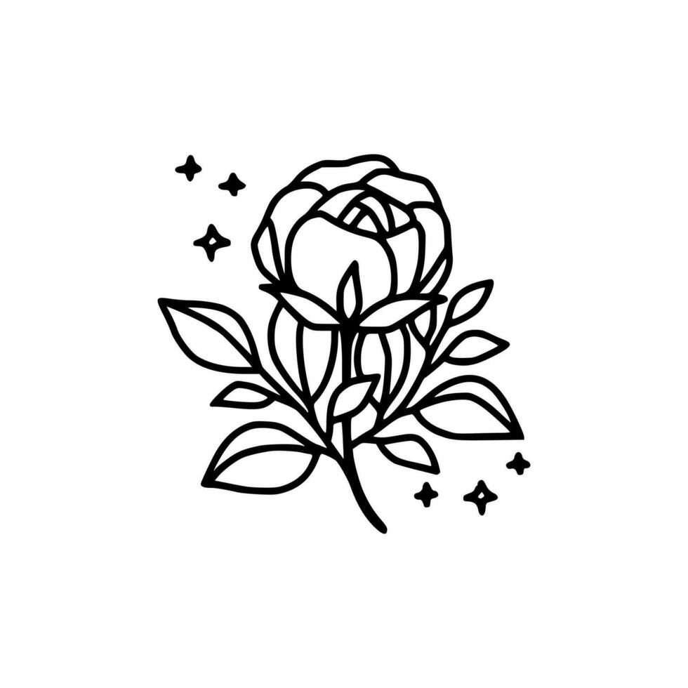 Hand drawn rose flower and leaf branch line art vector illustration design