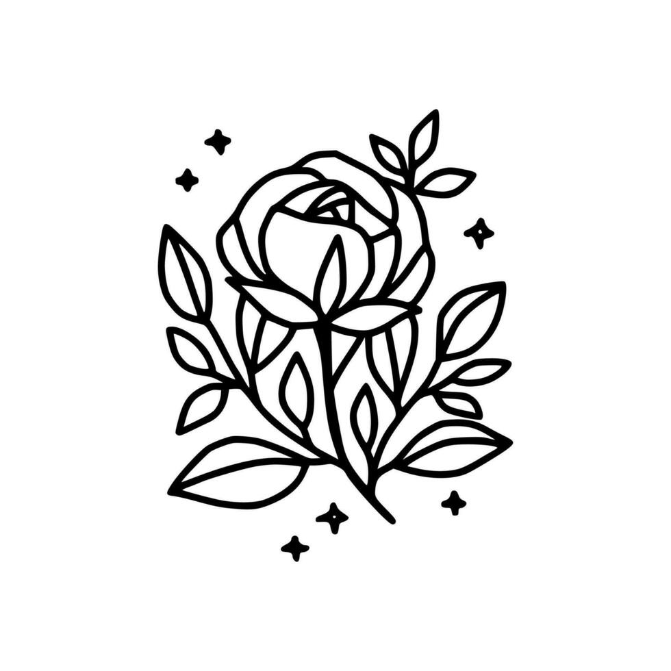 Hand drawn rose flower and leaf branch line art vector illustration design
