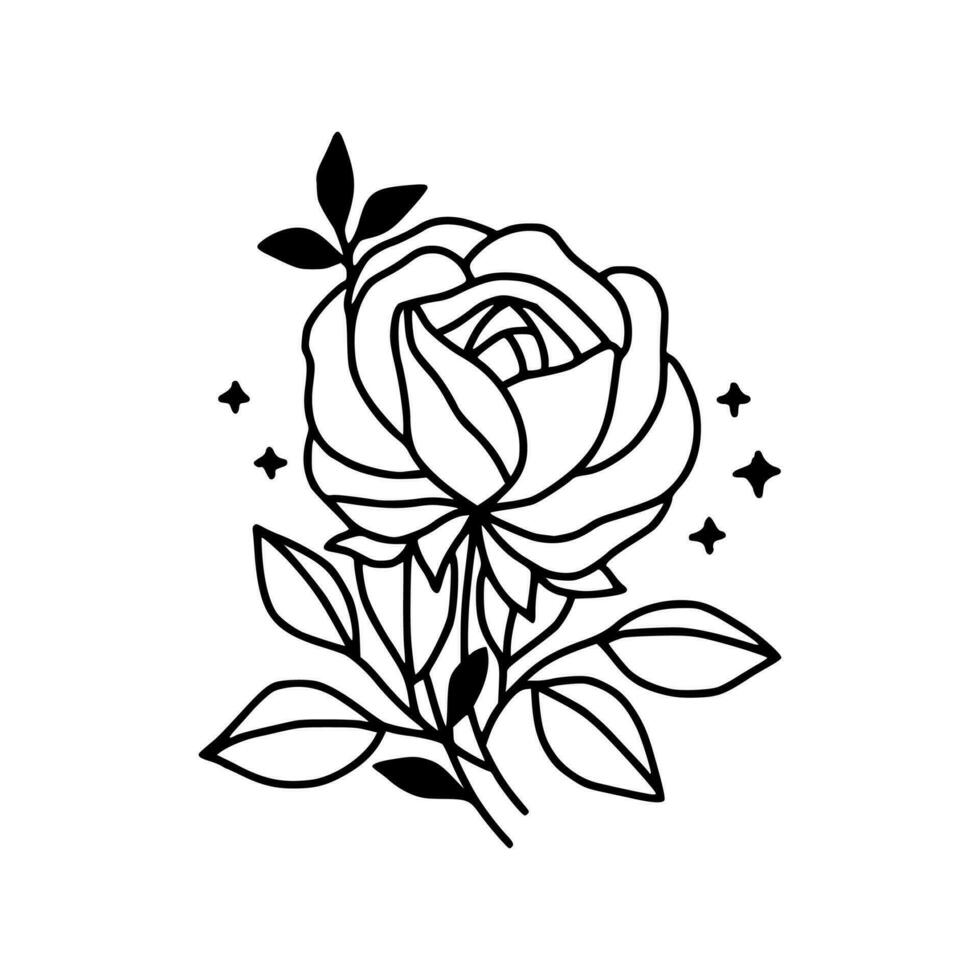 Vintage hand drawn rose floral and leaf branch vector line art illustration