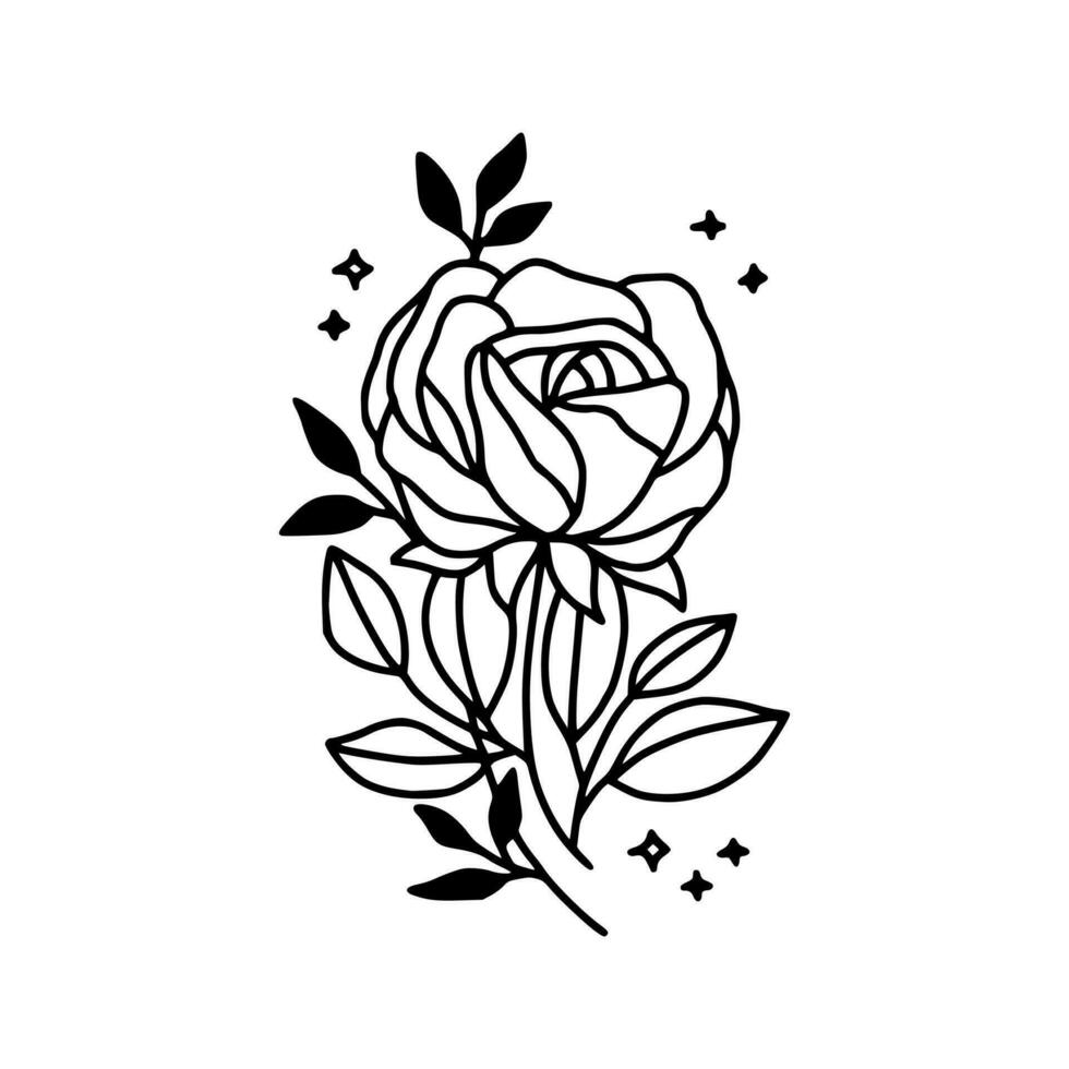 Vintage hand drawn rose floral and leaf branch vector line art illustration