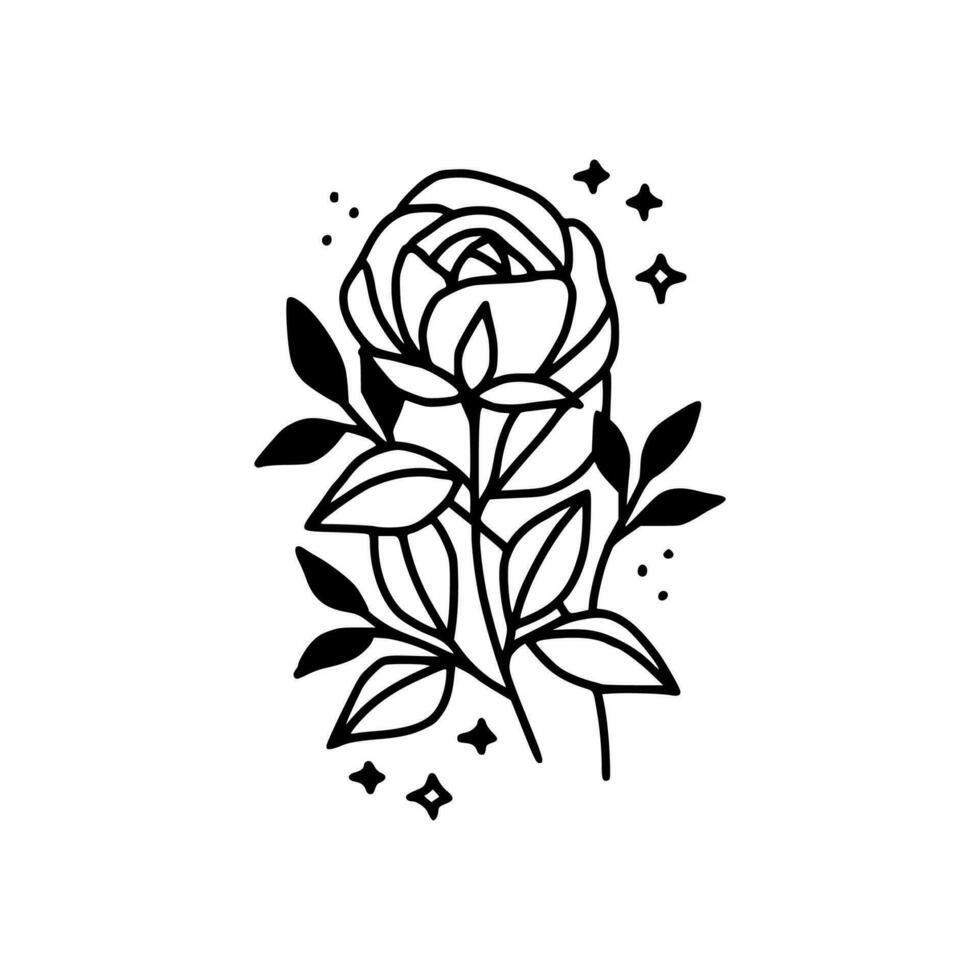 Vintage hand drawn rose floral and leaf branch vector line art illustration