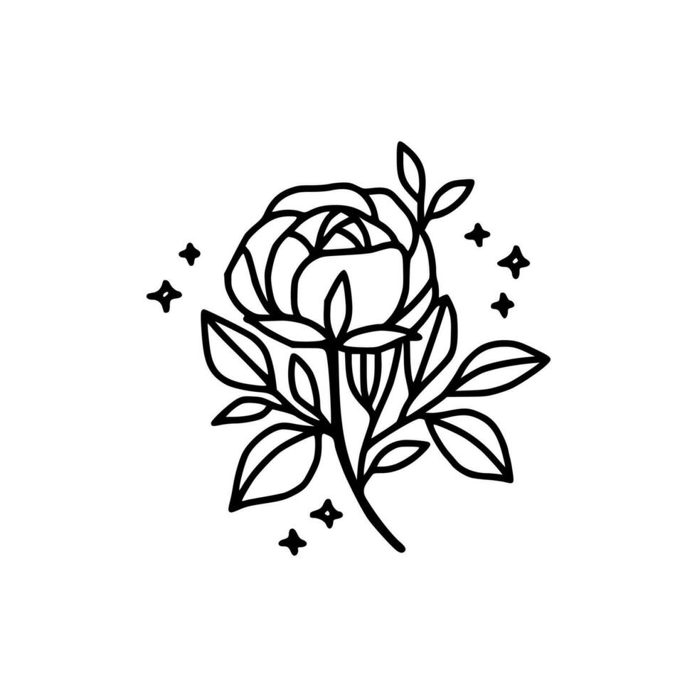 Hand drawn rose flower and leaf branch line art vector illustration design