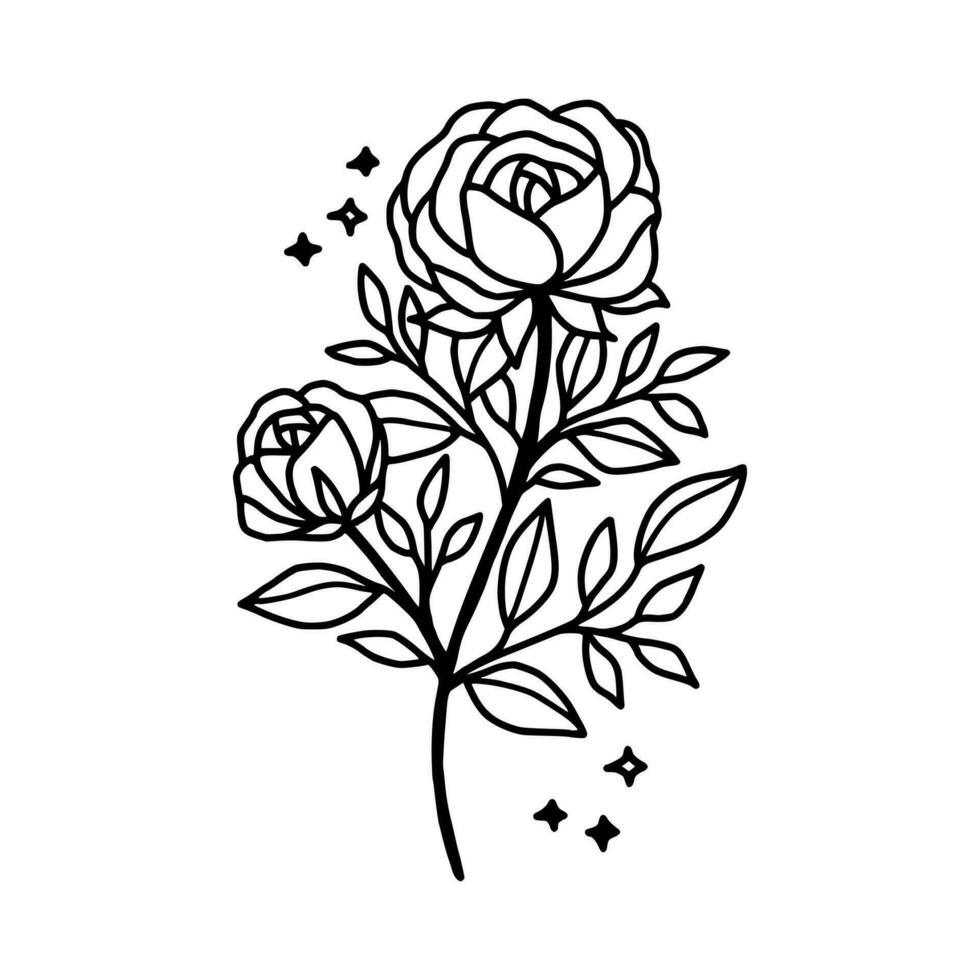 Hand drawn rose flower and leaf branch line art vector illustration design