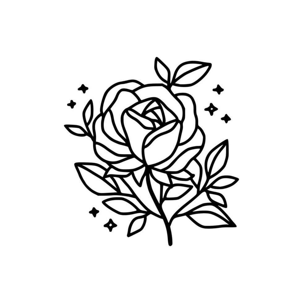 Hand drawn rose flower and leaf branch line art vector illustration design