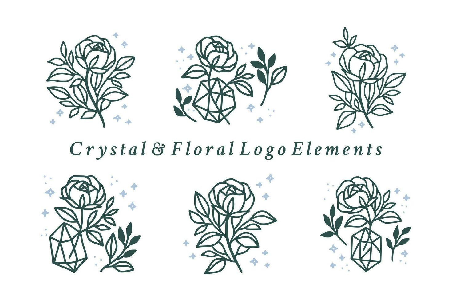 Collection of hand drawn magical elements with crystal, rose flowers, stars, leaf branch for feminine icon, beauty logo, emblem, and other purposes vector