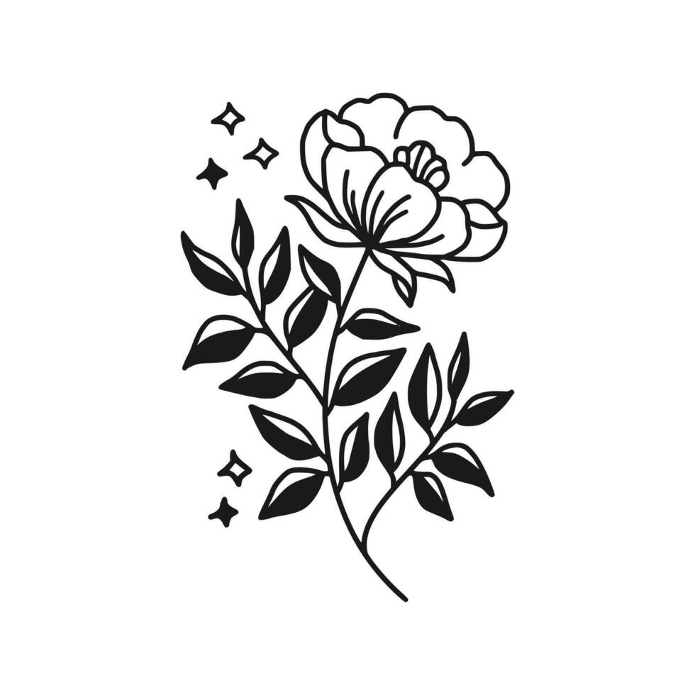 Vintage hand drawn peony and rose flower line art vector illustration element