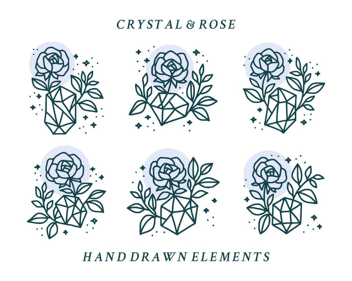 Collection of hand drawn magical elements with crystal, rose flowers, stars, leaf branch for feminine icon, beauty logo, emblem, and other purposes vector