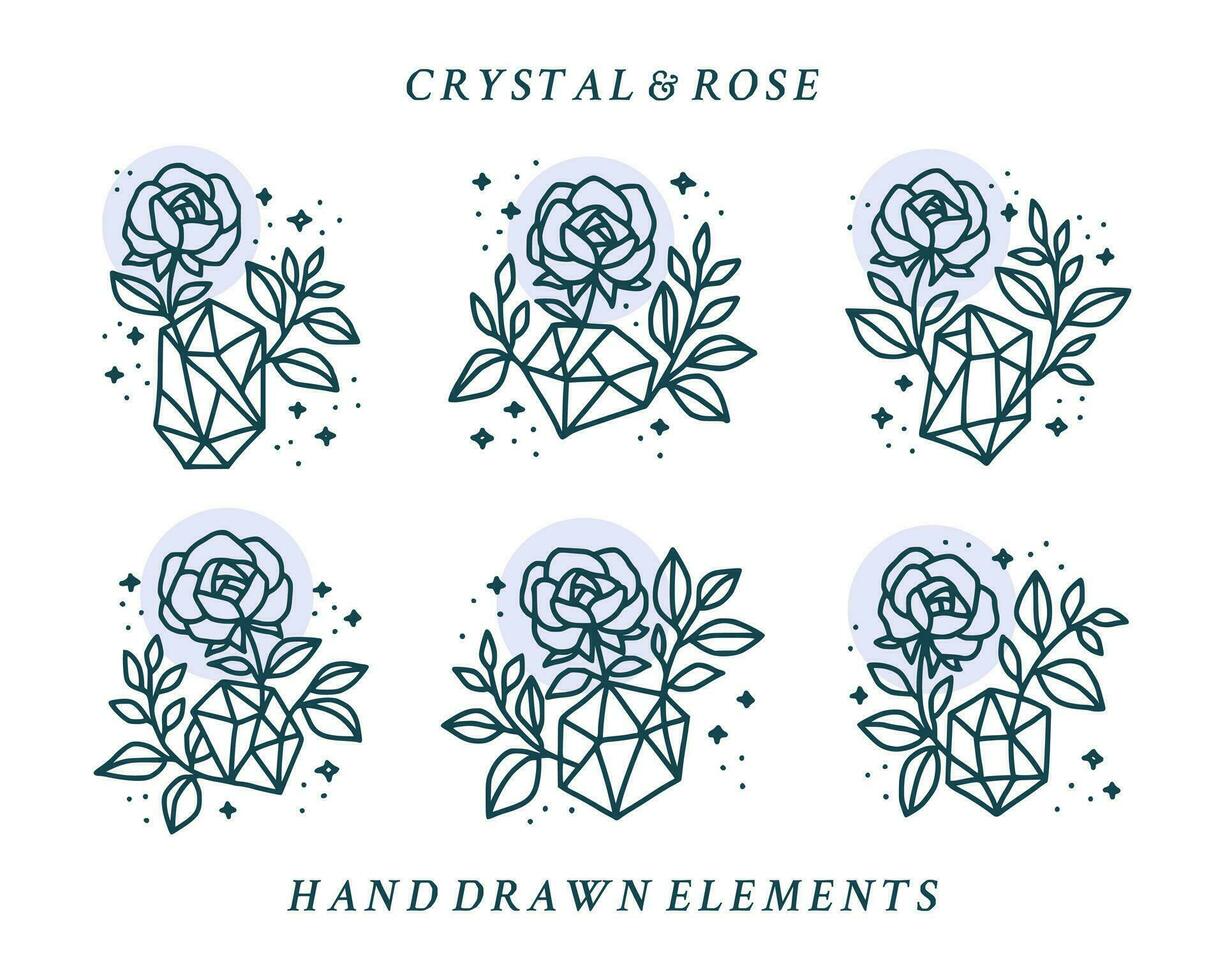 colección de mano dibujado mágico elementos con cristal, Rosa flores, estrellas, hoja rama para femenino icono, belleza logo, emblema, y otro propósitos vector