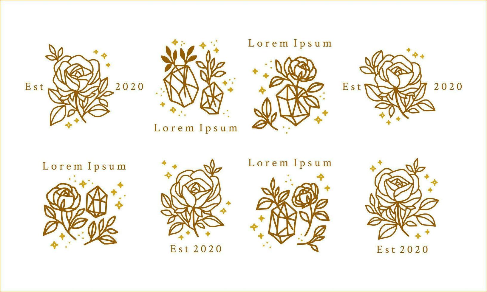 Collection of hand drawn magical elements with crystal, rose flowers, stars, leaf branch for feminine icon, beauty logo, emblem, and other purposes vector