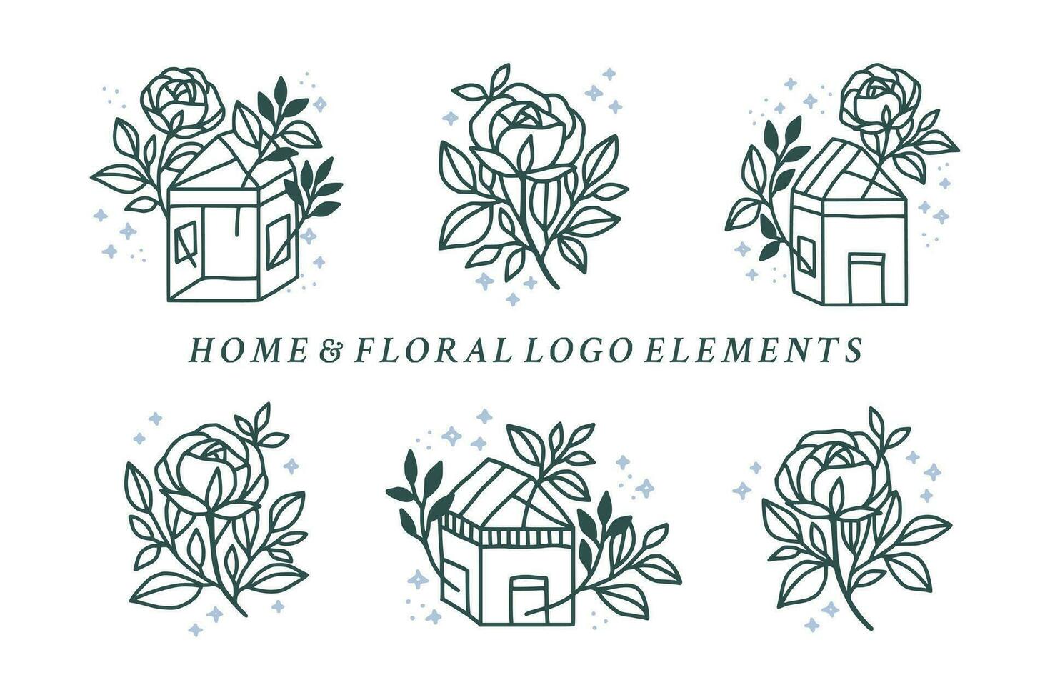 Hand drawn vintage feminine beauty logo element collection with rose, home, flower, leaf branch vector illustration for icon, logo, sticker, printable