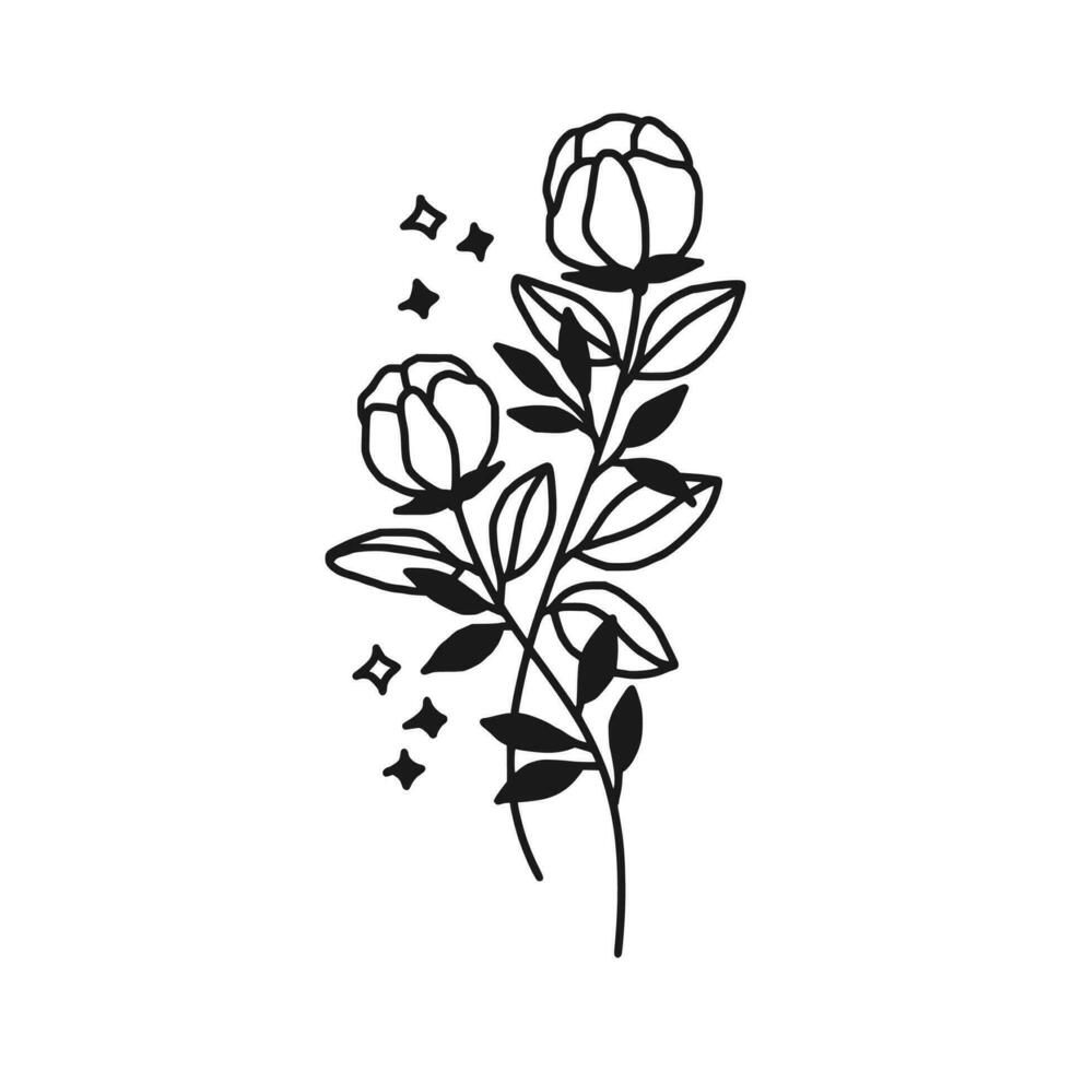 Vintage hand drawn peony and rose flower line art vector illustration element