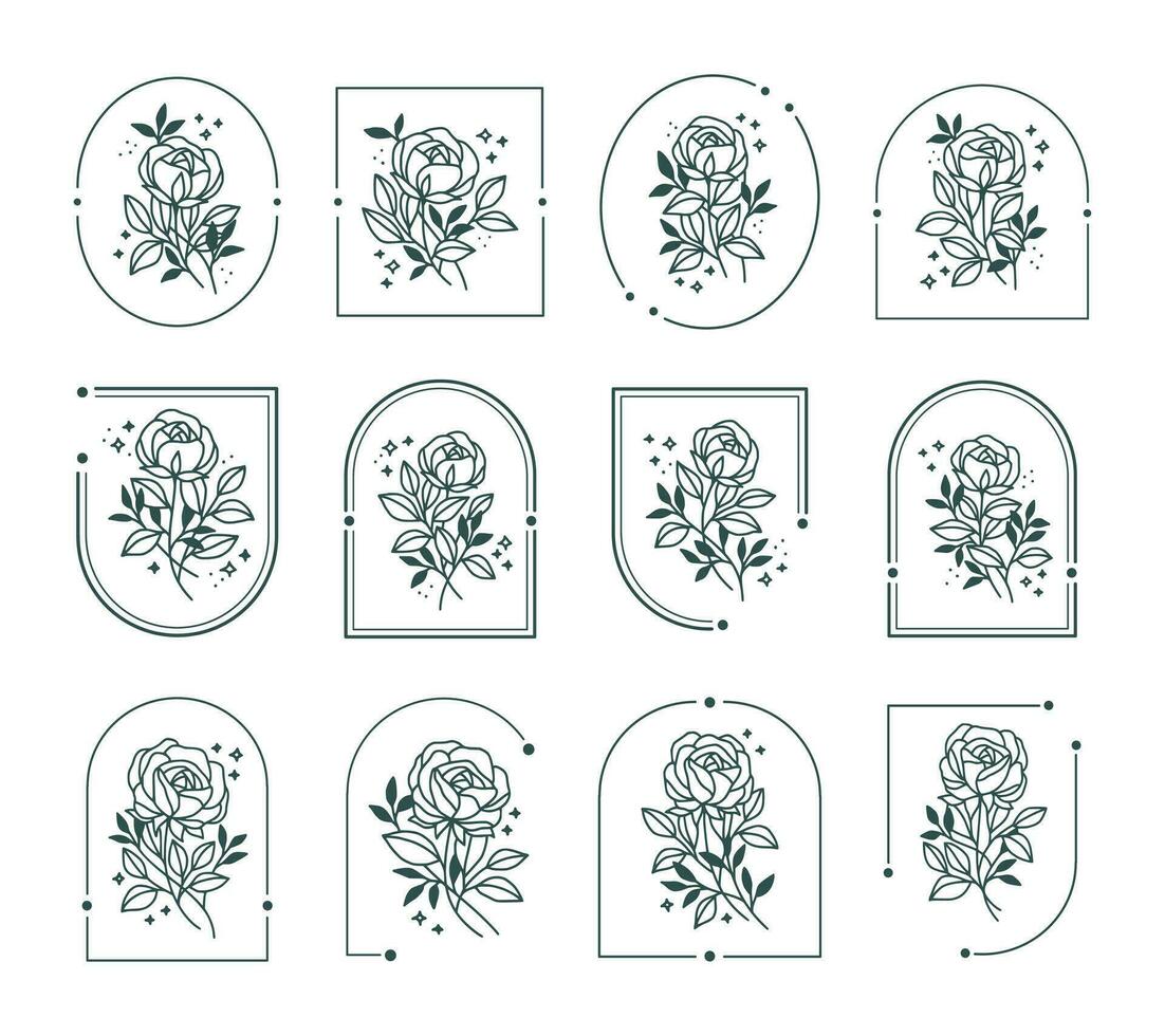 Vintage hand drawn rose flower logo element collection vector