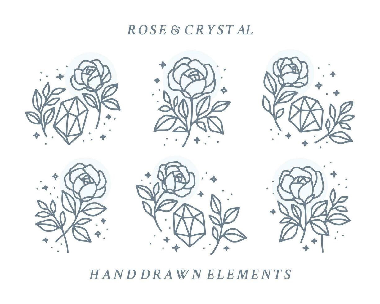 Collection of hand drawn magical elements with crystal, rose flowers, stars, leaf branch for feminine icon, beauty logo, emblem, and other purposes vector