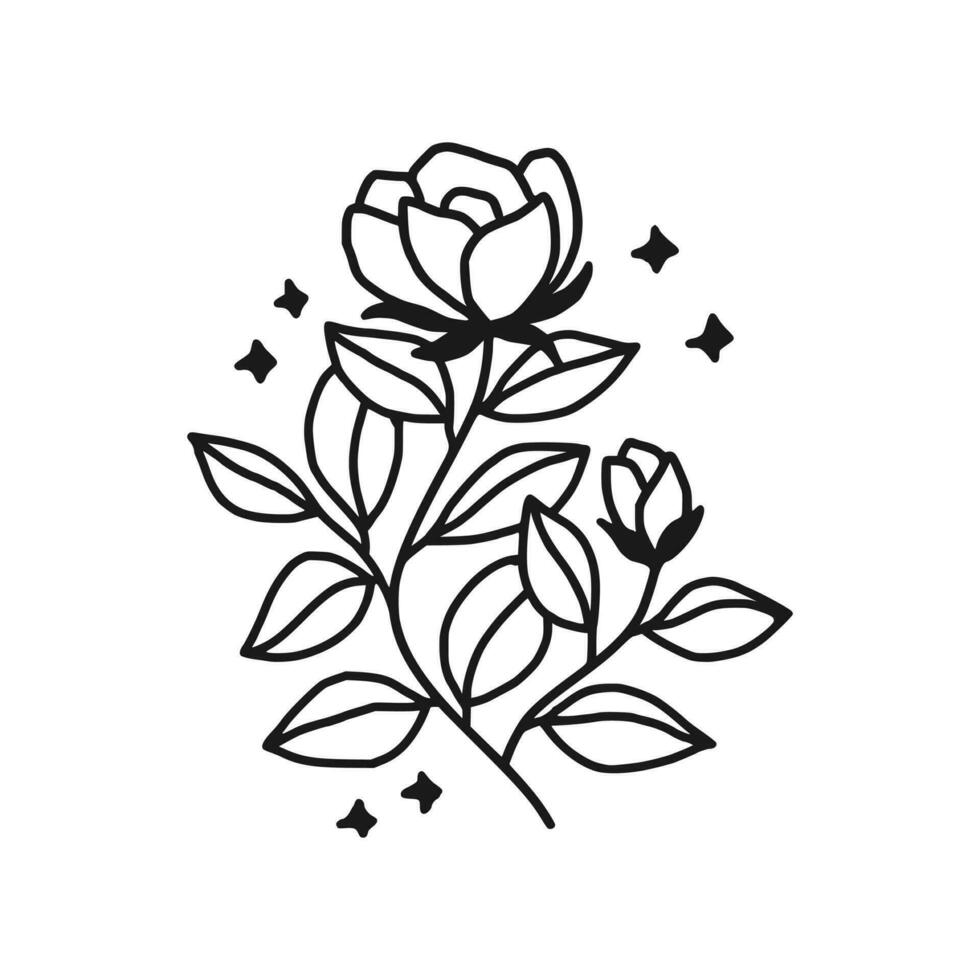 Vintage hand drawn peony and rose flower line art vector illustration element