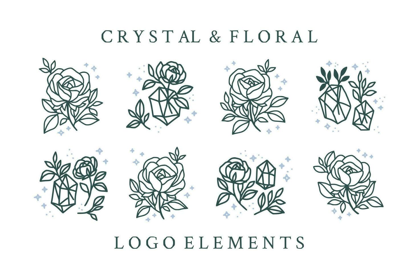 Collection of hand drawn magical elements with crystal, rose flowers, stars, leaf branch for feminine icon, beauty logo, emblem, and other purposes vector