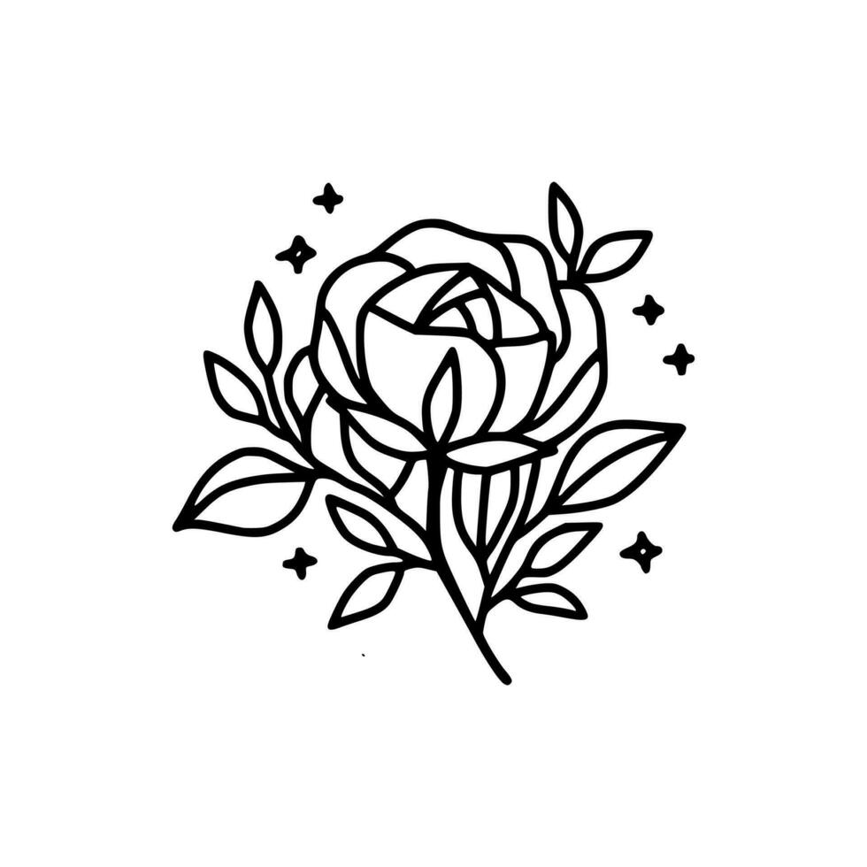 Hand drawn rose flower and leaf branch line art vector illustration design