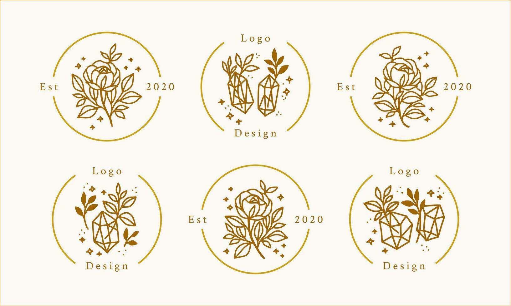 Collection of hand drawn magical elements with crystal, rose flowers, stars, leaf branch for feminine icon, beauty logo, emblem, and other purposes vector