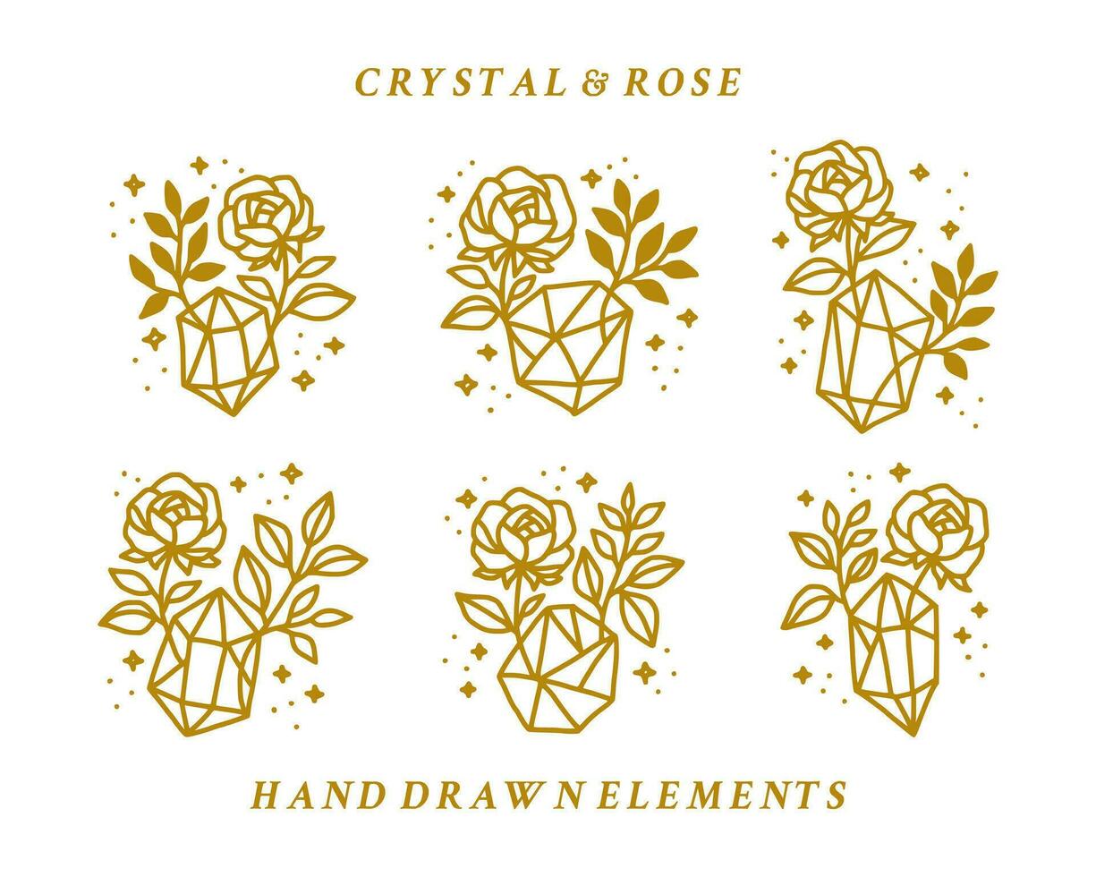 Collection of hand drawn magical elements with crystal, rose flowers, stars, leaf branch for feminine icon, beauty logo, emblem, and other purposes vector