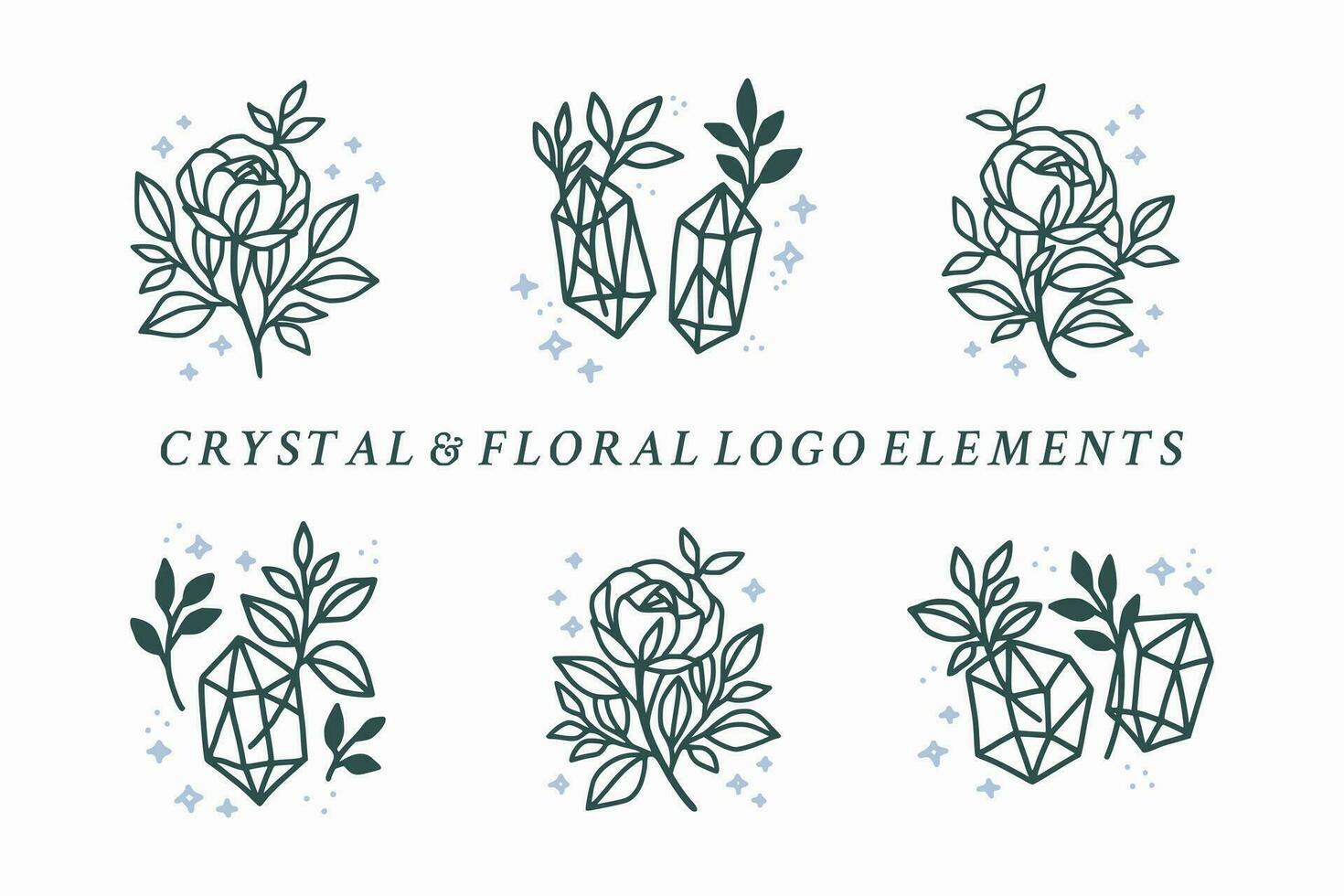 Collection of hand drawn magical elements with crystal, rose flowers, stars, leaf branch for feminine icon, beauty logo, emblem, and other purposes vector