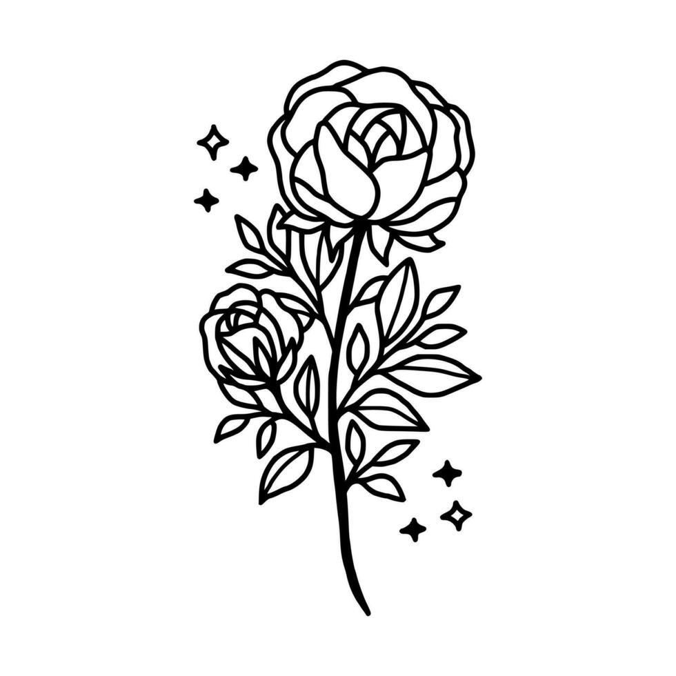 Hand drawn rose flower and leaf branch line art vector illustration design