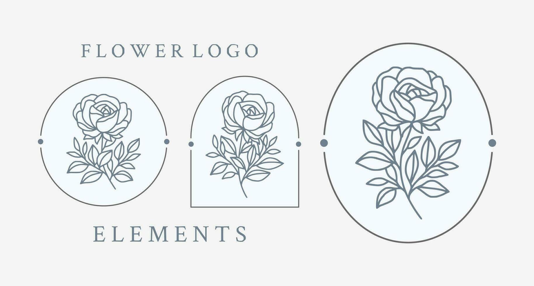 Vintage hand drawn rose flower logo element collection with frame vector