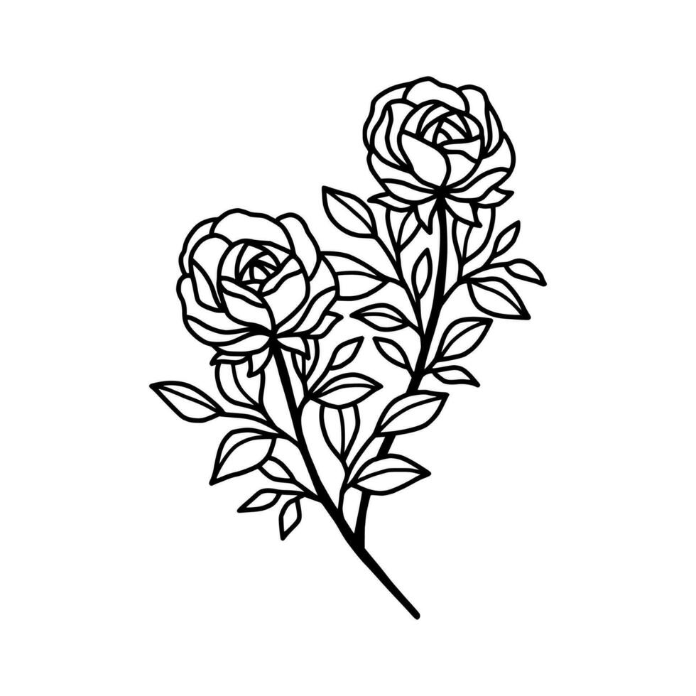 Hand drawn rose flower and leaf branch line art vector illustration design