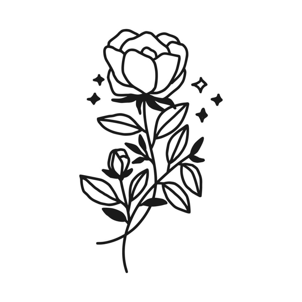 Vintage hand drawn peony flower line art vector element