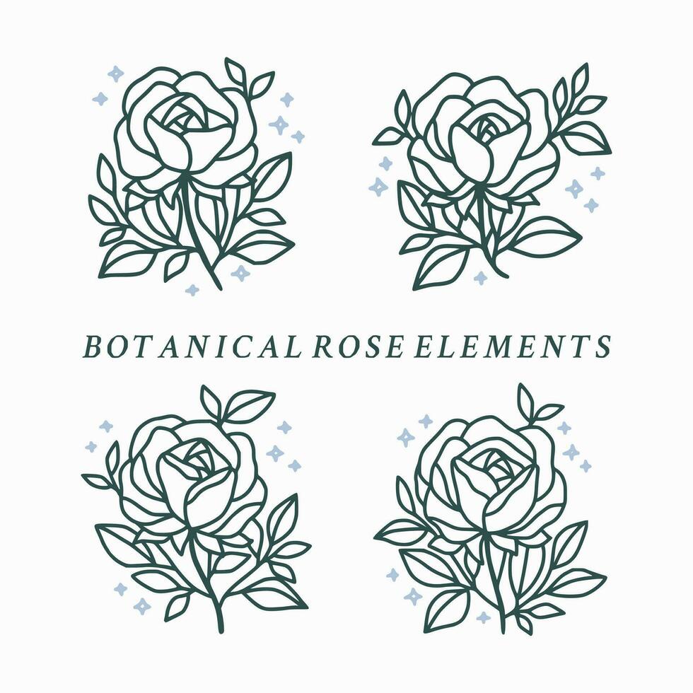 Vintage hand drawn rose flower logo element collection vector