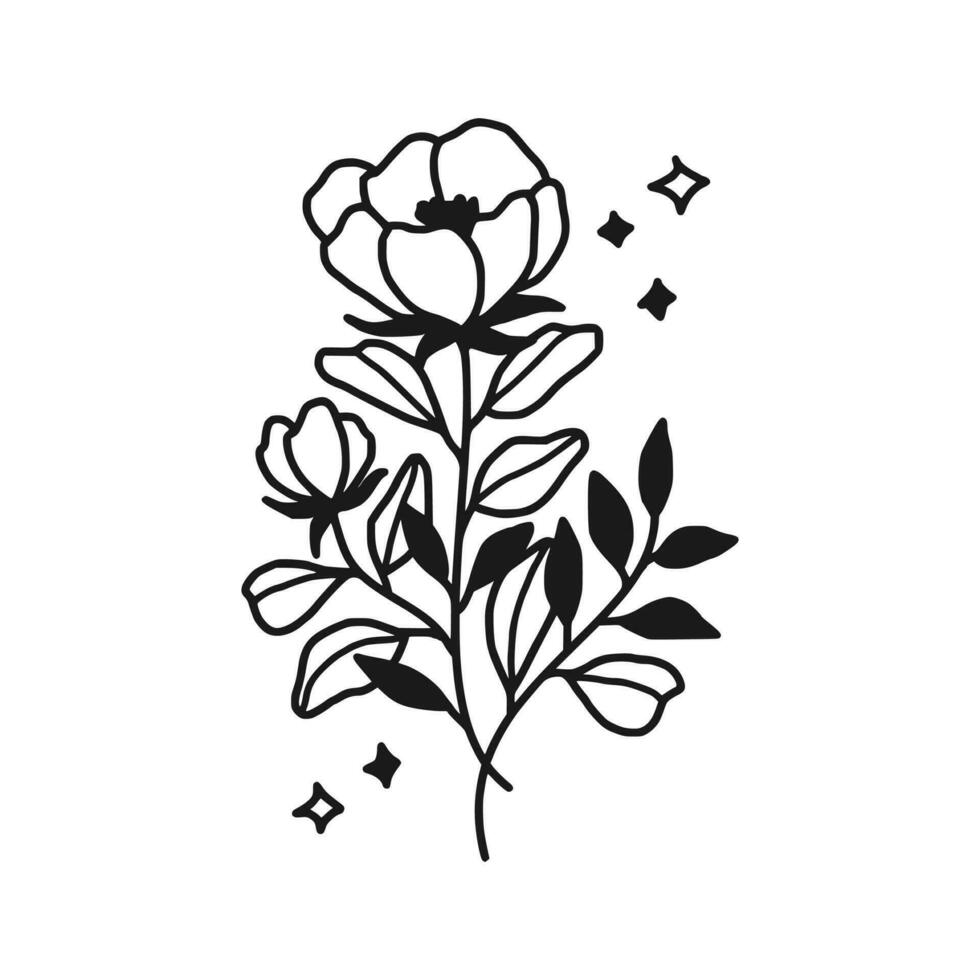 Vintage hand drawn peony flower line art vector element