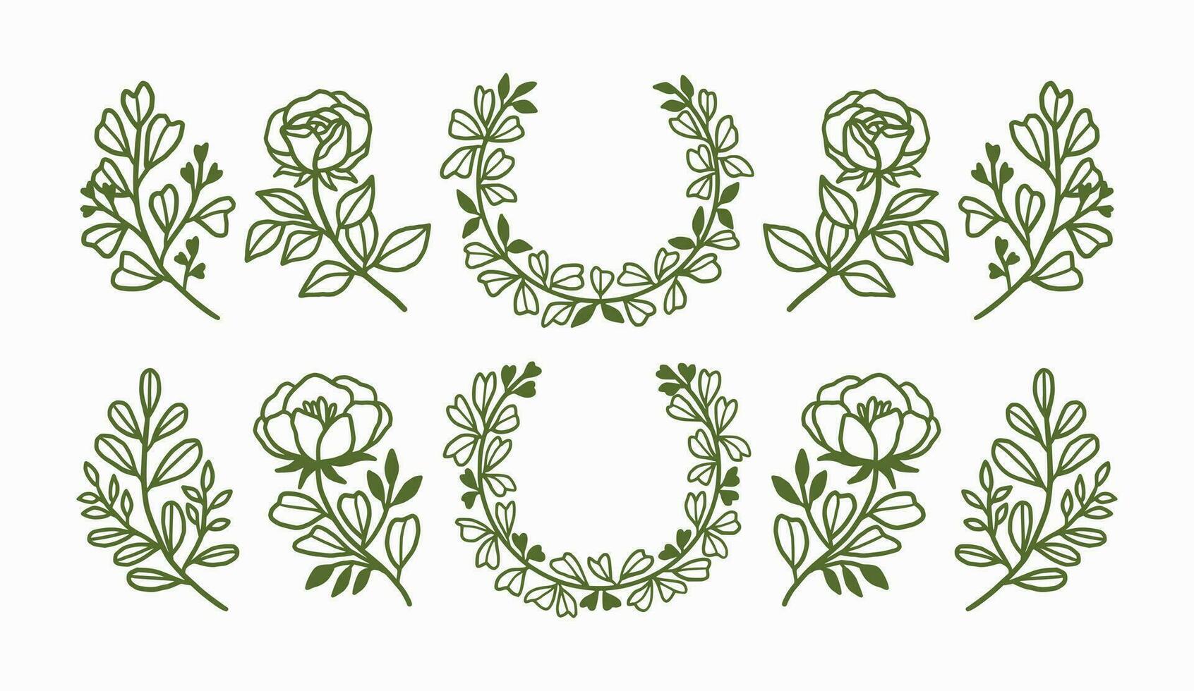 Vintage hand drawn flower wreath and logo element collection vector