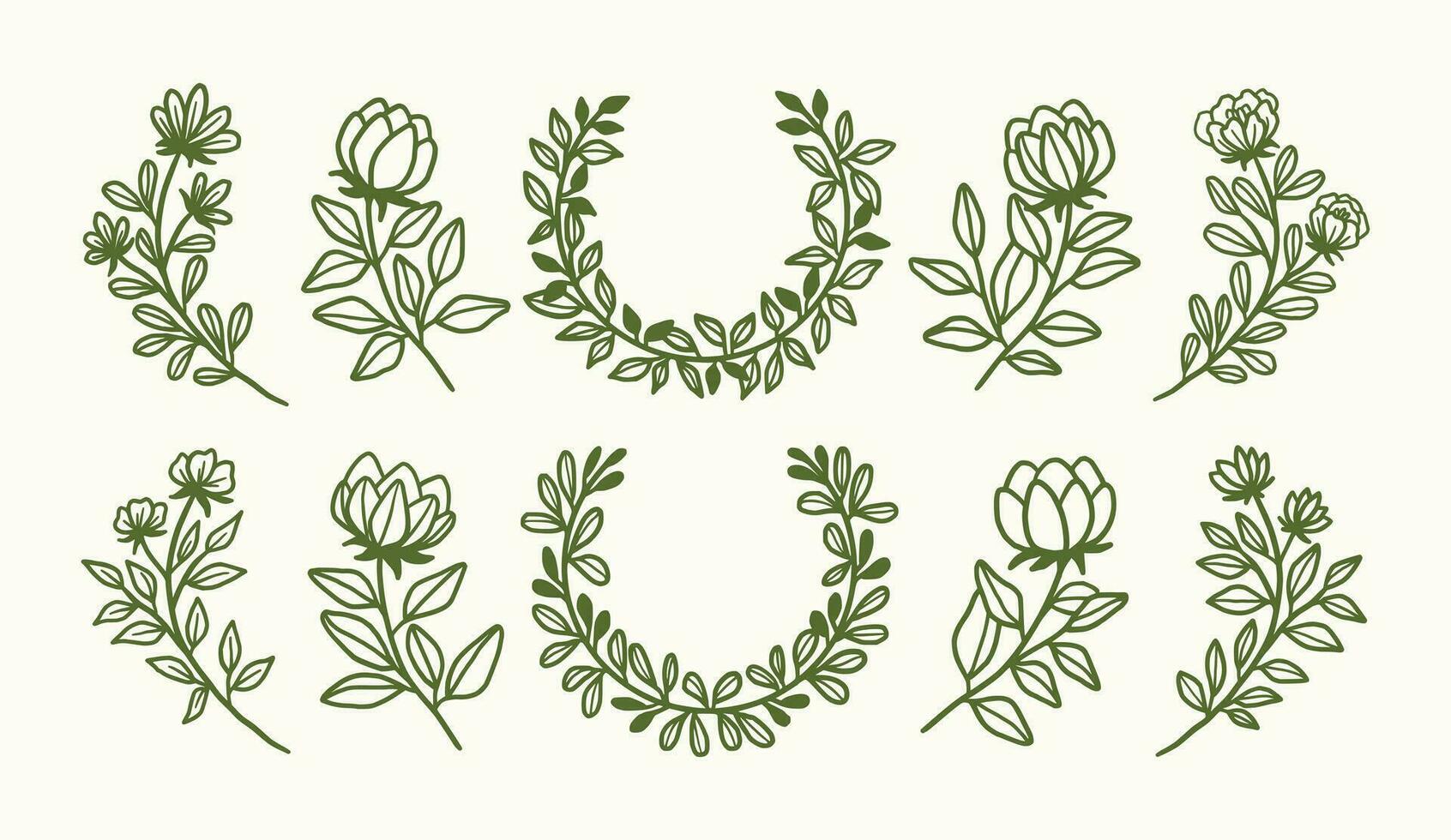 Vintage hand drawn flower wreath and logo element collection vector