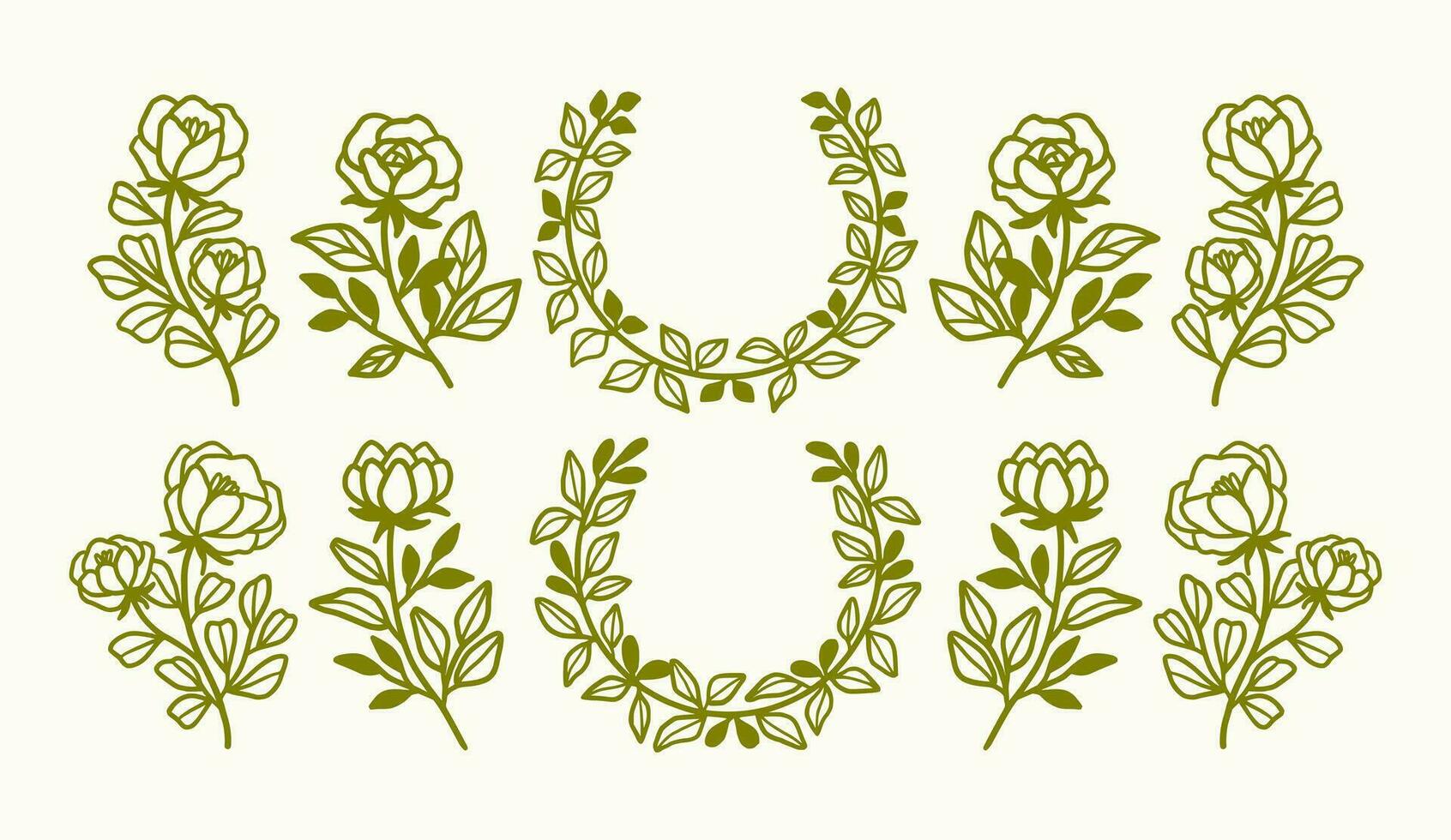 Vintage hand drawn flower wreath and logo element collection vector