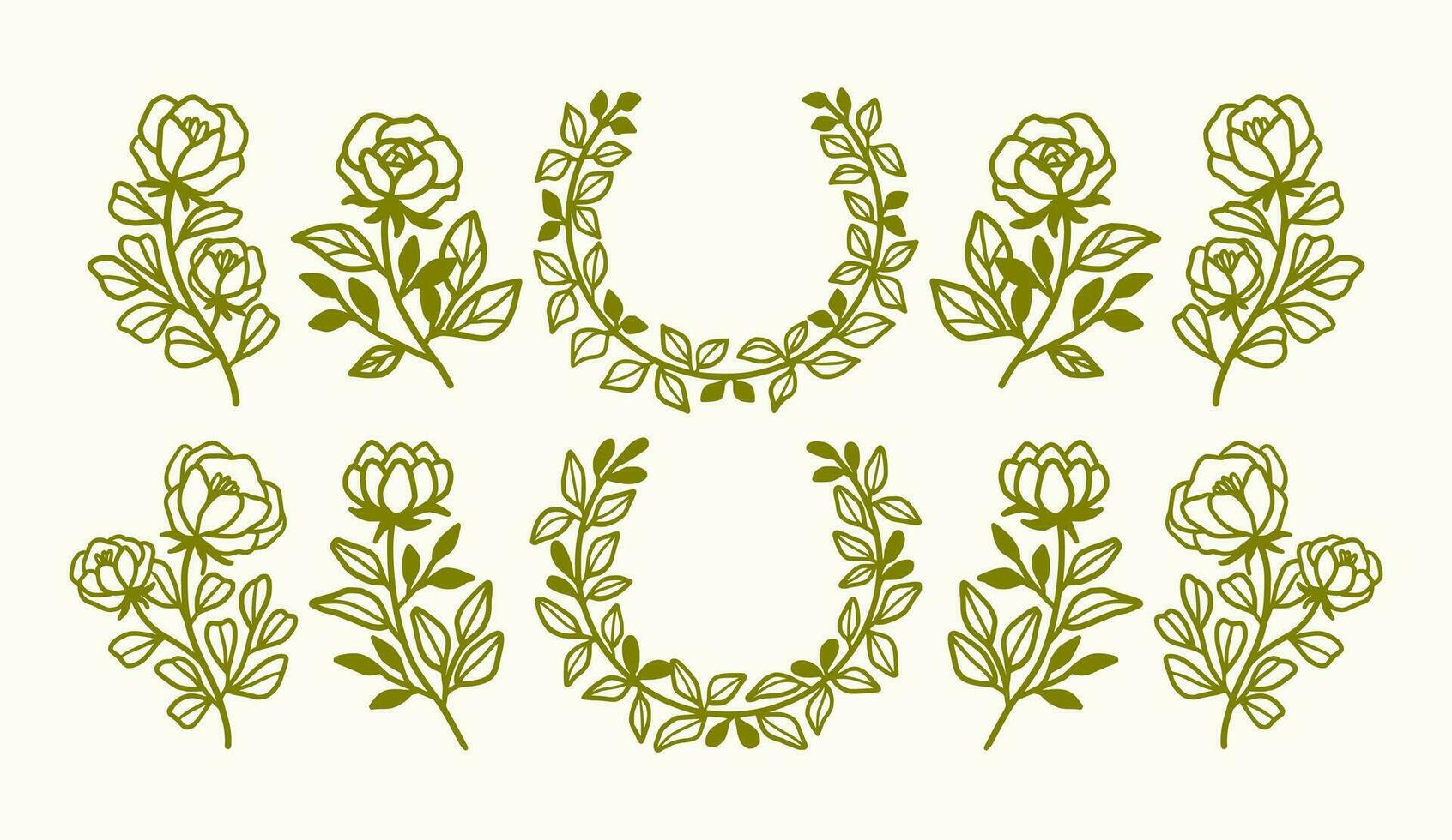 Vintage hand drawn flower wreath and logo element collection vector