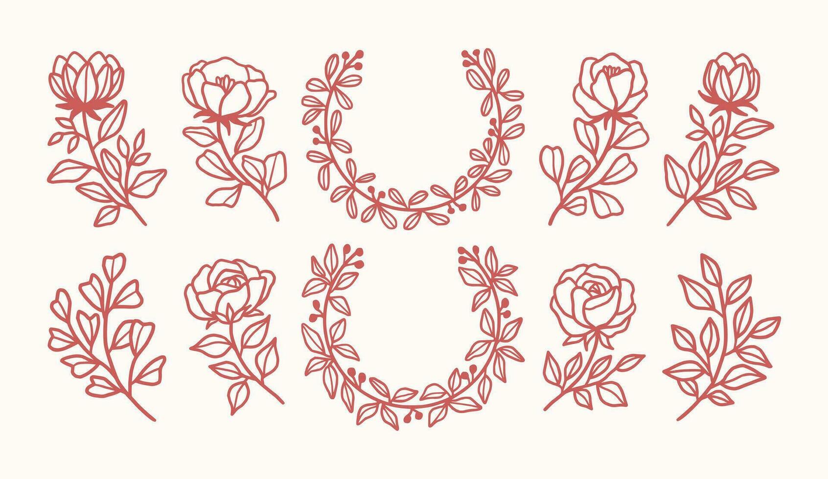 Vintage hand drawn flower wreath and logo element collection vector