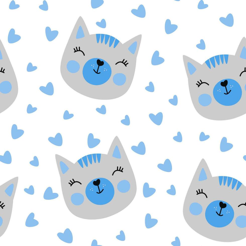 Seamless pattern with a cute cat in blue colors, baby boy seamless print for backgrounds. Vector illustration