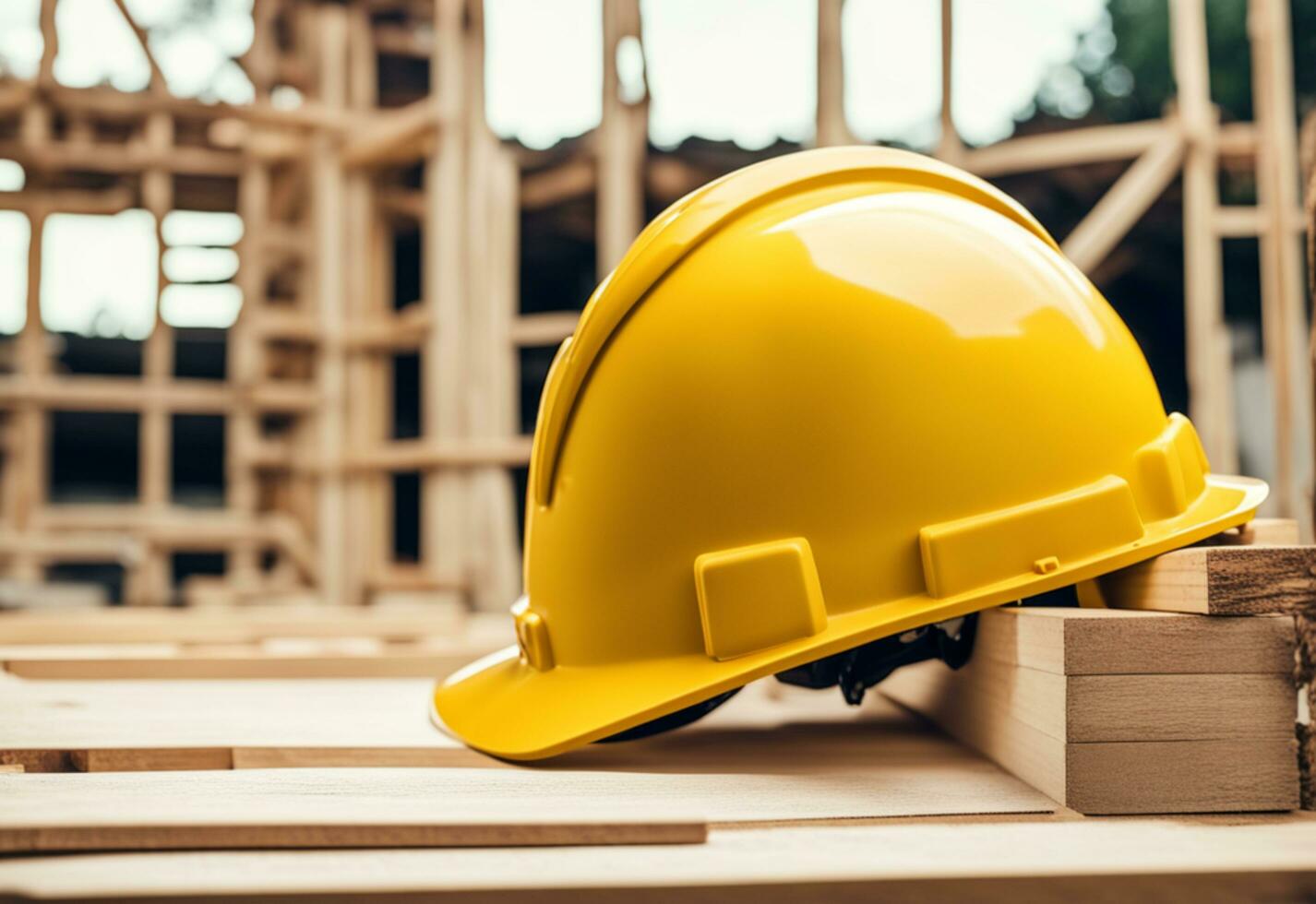 AI generated Yellow safety construction helmet on a wooden table against the backdrop of a house being built. photo