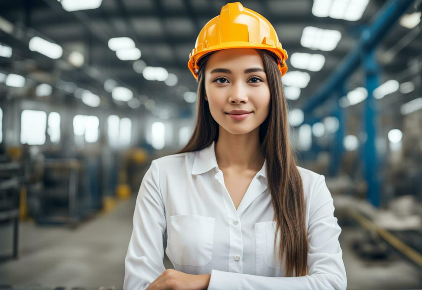 ai generado retrato de joven hermosa ingeniero mujer trabajando en fábrica edificio. foto