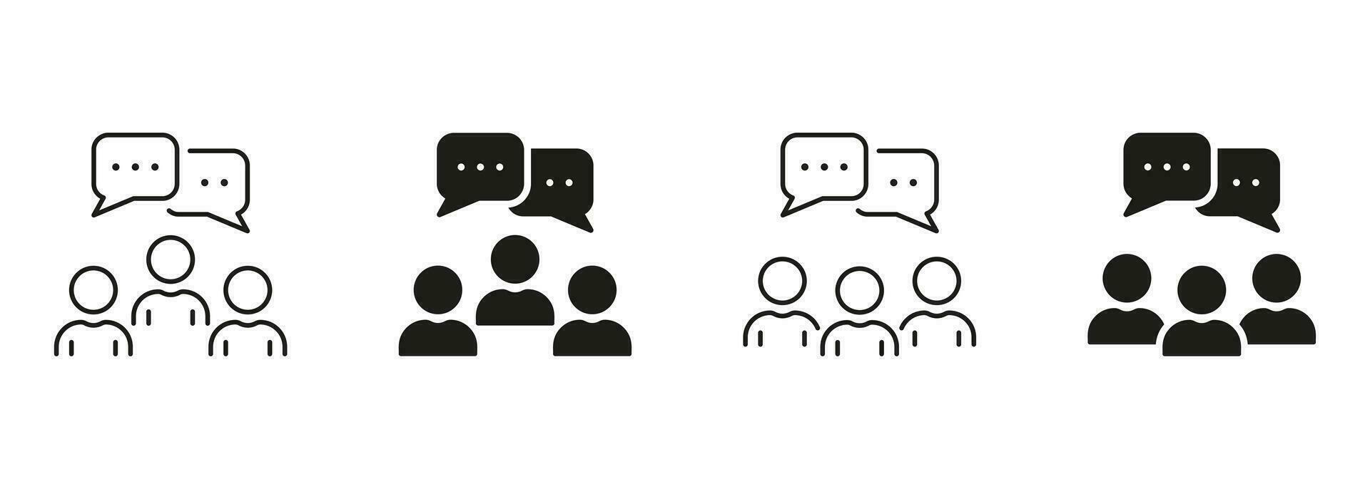 Social Communication Line and Silhouette Icon Set. Speak At Meeting Pictogram. Business Discussion Symbol Collection. Work Community Sign. People With Speech Bubble. Isolated Vector Illustration.