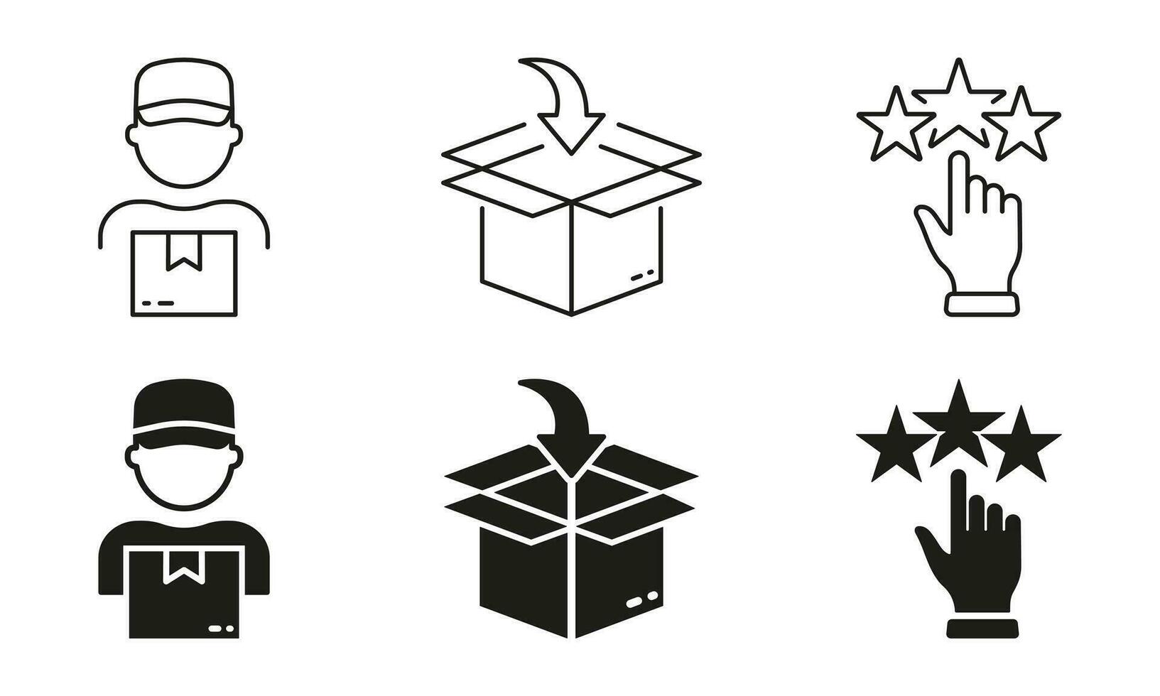 Shopping Guide Line and Silhouette Icon Set. Customer Buy Product Steps Symbol Collection. Delivery Process Pictogram. Packaging Order, Shipping And Feedback Sign. Isolated Vector Illustration.