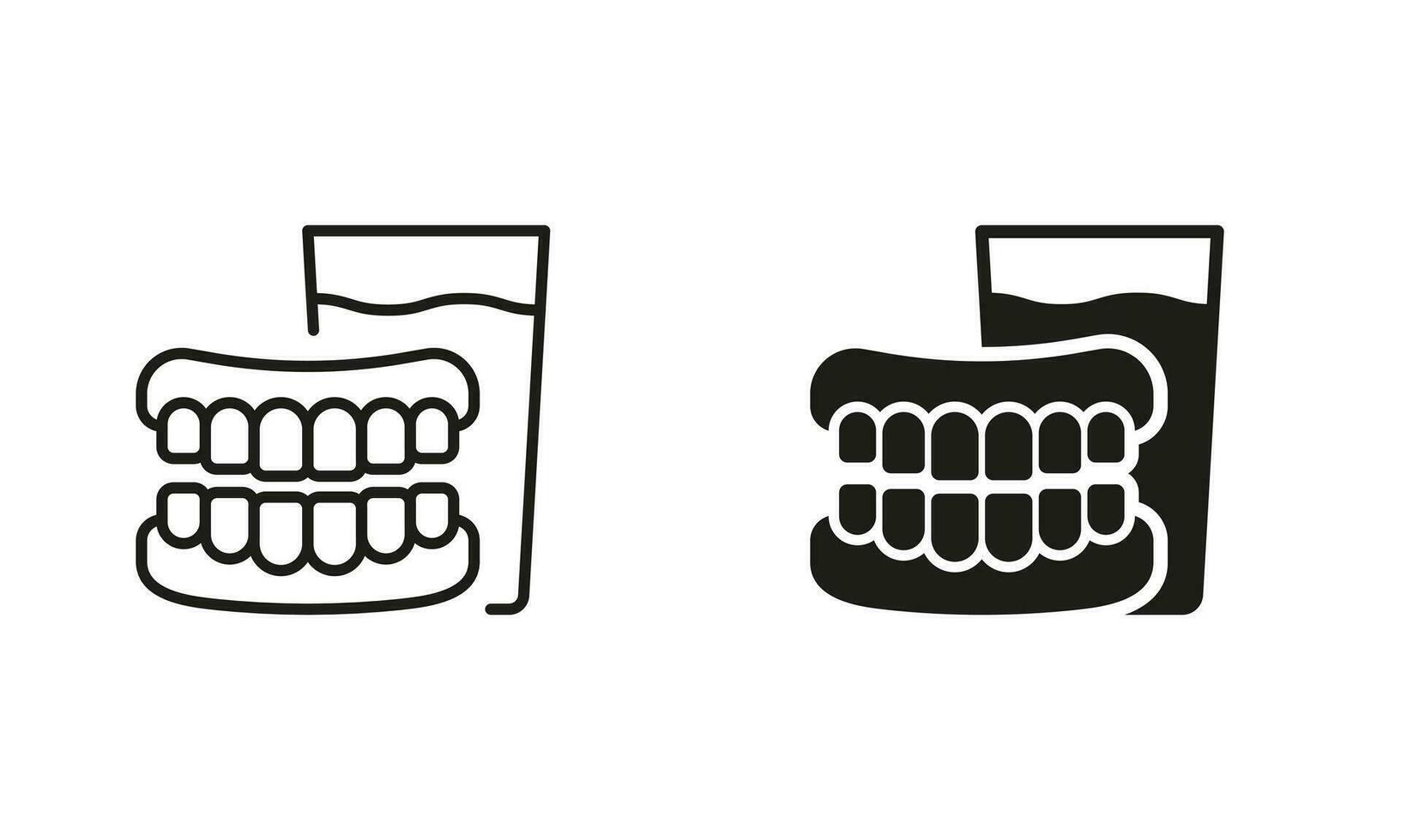 médico dental protésico silueta y línea icono colocar. dentadura con vaso de agua. humano falso diente pictograma. artificial diente, dental tratamiento símbolo recopilación. aislado vector ilustración.