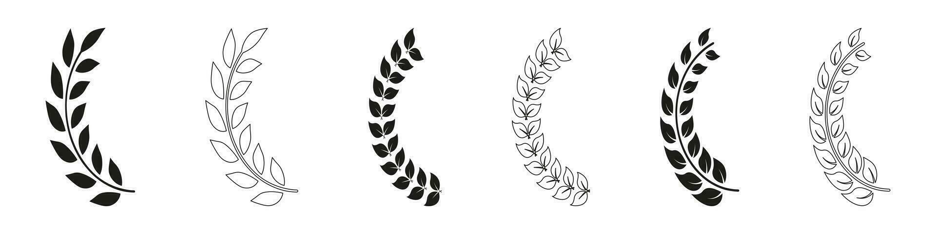 Laurel Wreath In Half Circle Shape Line and Silhouette Icon Set. Natural Heraldic Black Decoration Collection. Olive Leaf Ornate, Vintage Tree Branch, Floral Border. Isolated Vector Illustration.