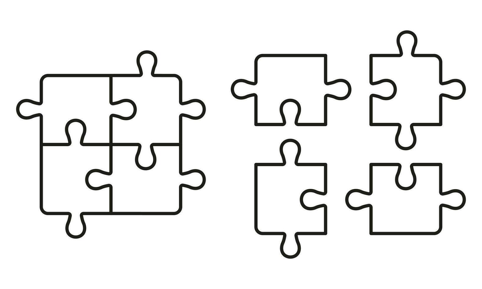 Unfinished Jigsaw Linear Pictogram. Puzzle Pieces Assemble and Disassemble. Teamwork, Strategy, Integration Outline Sign. Game Combination Line Icon Set. Editable Stroke. Isolated Vector Illustration.
