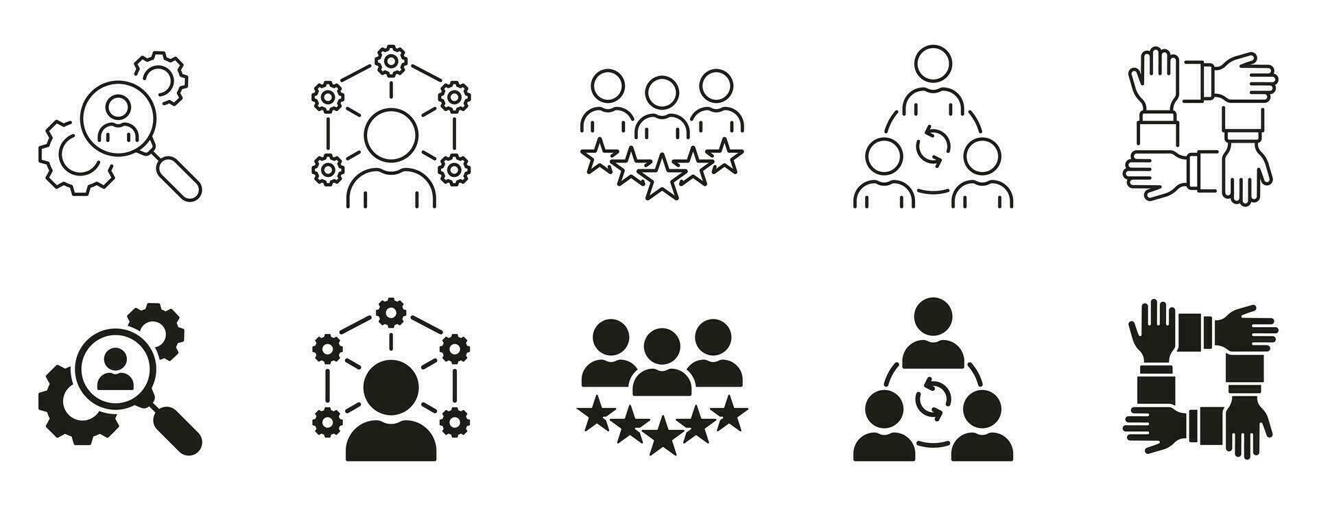 negocio comunidad línea y silueta icono colocar. headhunting negro pictograma. personas trabajo juntos símbolo recopilación. trabajo gestión, camaradería signo. aislado vector ilustración.