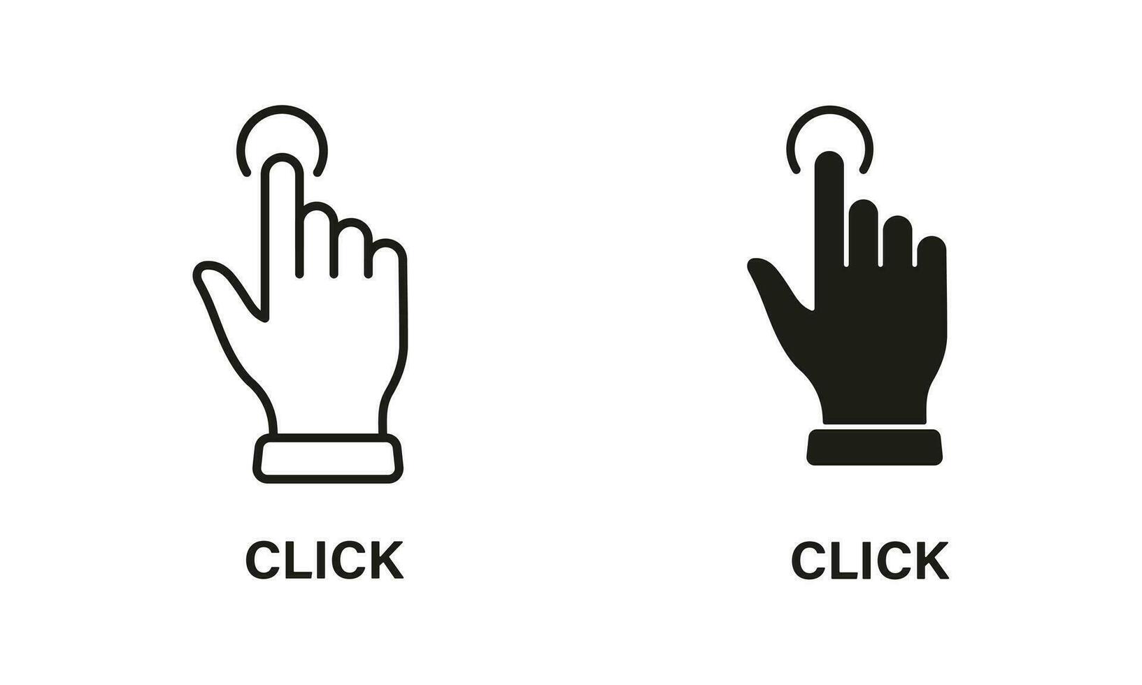 Click Gesture, Hand Cursor of Computer Mouse Line and Silhouette Icon Set. Pointer Finger Press or Point Pictogram. Swipe, Touch, Tap Sign Collection on White Background. Isolated Vector Illustration.