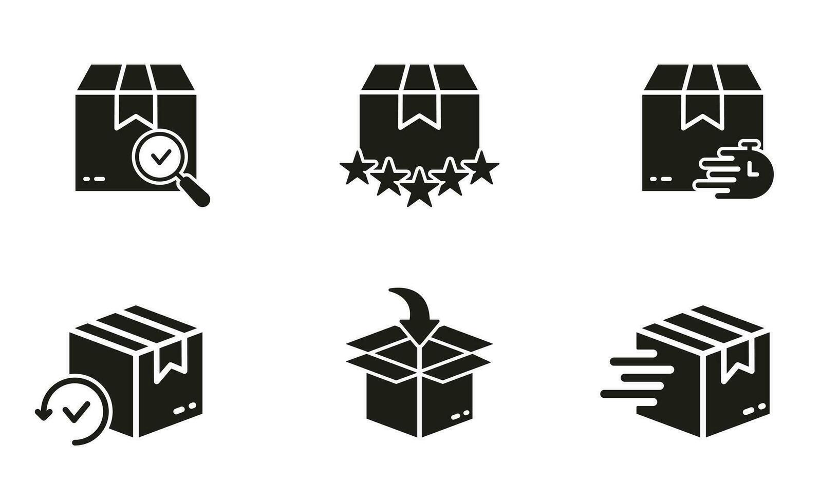 Box, Cardboard Package Silhouette Icon Set. Shipment and Distribution. Parcel Shipping Glyph Pictogram. Carton Container Sign. Fast Delivery Service Symbol Collection. Isolated Vector Illustration.