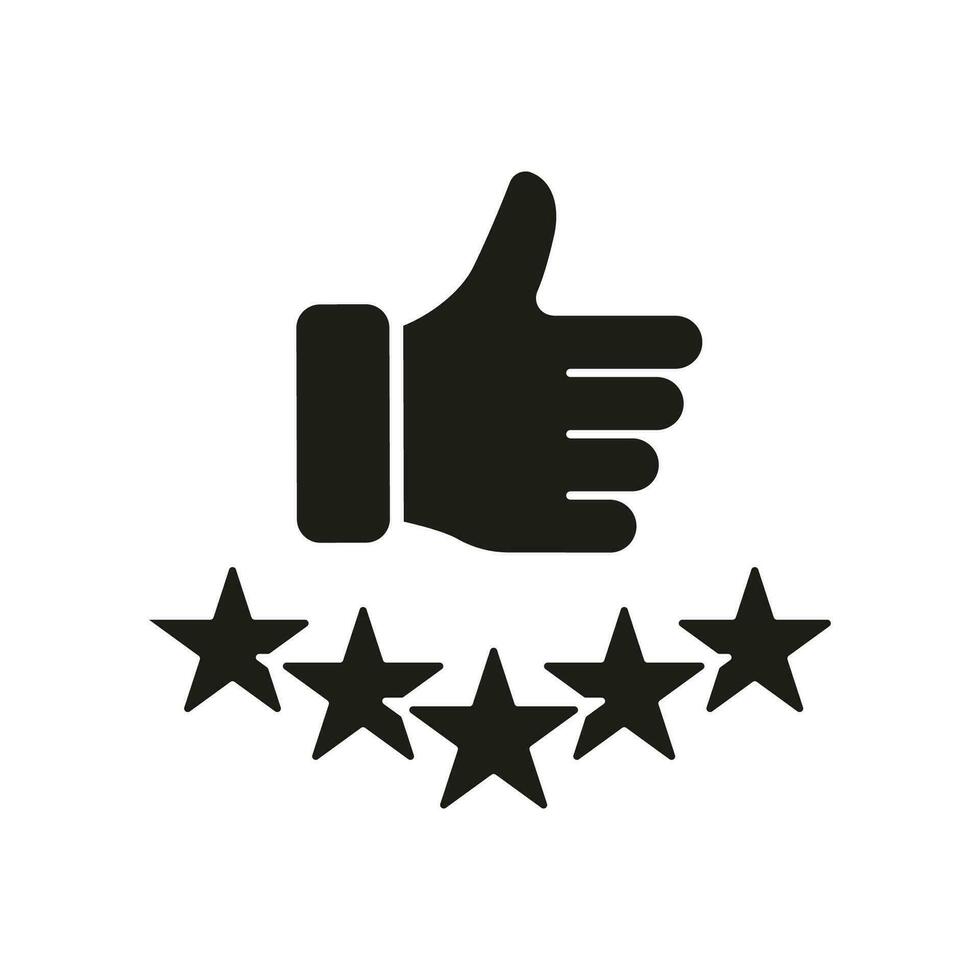 cliente satisfacción silueta icono. positivo comentario. pulgar arriba con cinco estrellas glifo pictograma. mejor Servicio sólido signo. bueno calidad símbolo, revisión botón. aislado vector ilustración.