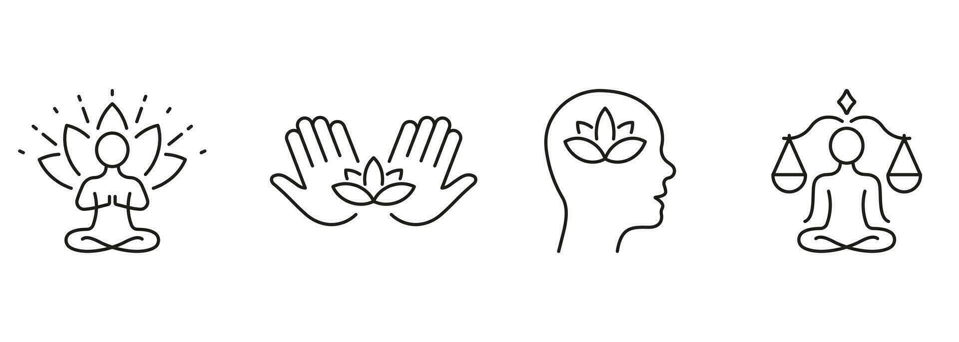 Person Meditate In Lotus Position, Wellness Line Icon Set. Mental Health And Yoga Pictogram. Calm Mind Outline Sign. Zen Pose Symbol. Editable Stroke. Isolated Vector Illustration.